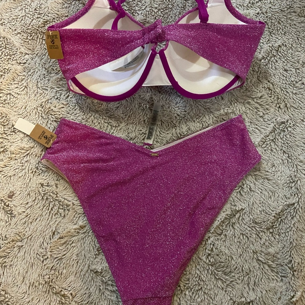 3 piece Victoria secret PINK sparkly  bikini and cover up skirt NWT - Picture 2 of 4